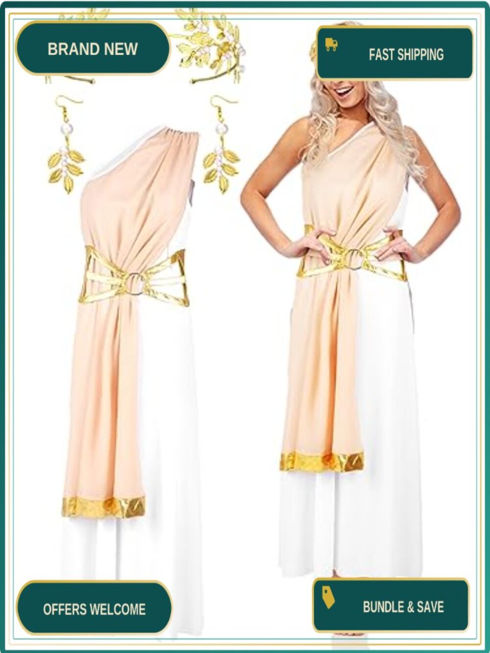 Women's Toga Greek Costume Dress with Crown & Earrings Set Halloween